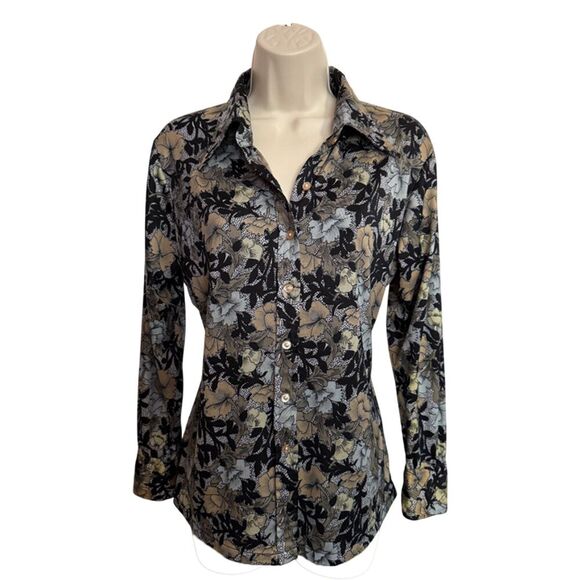Rare 70s Vintage Brown, Black & Gray Floral Long Sleeve Button Down Top Size M - Picture 3 of 14